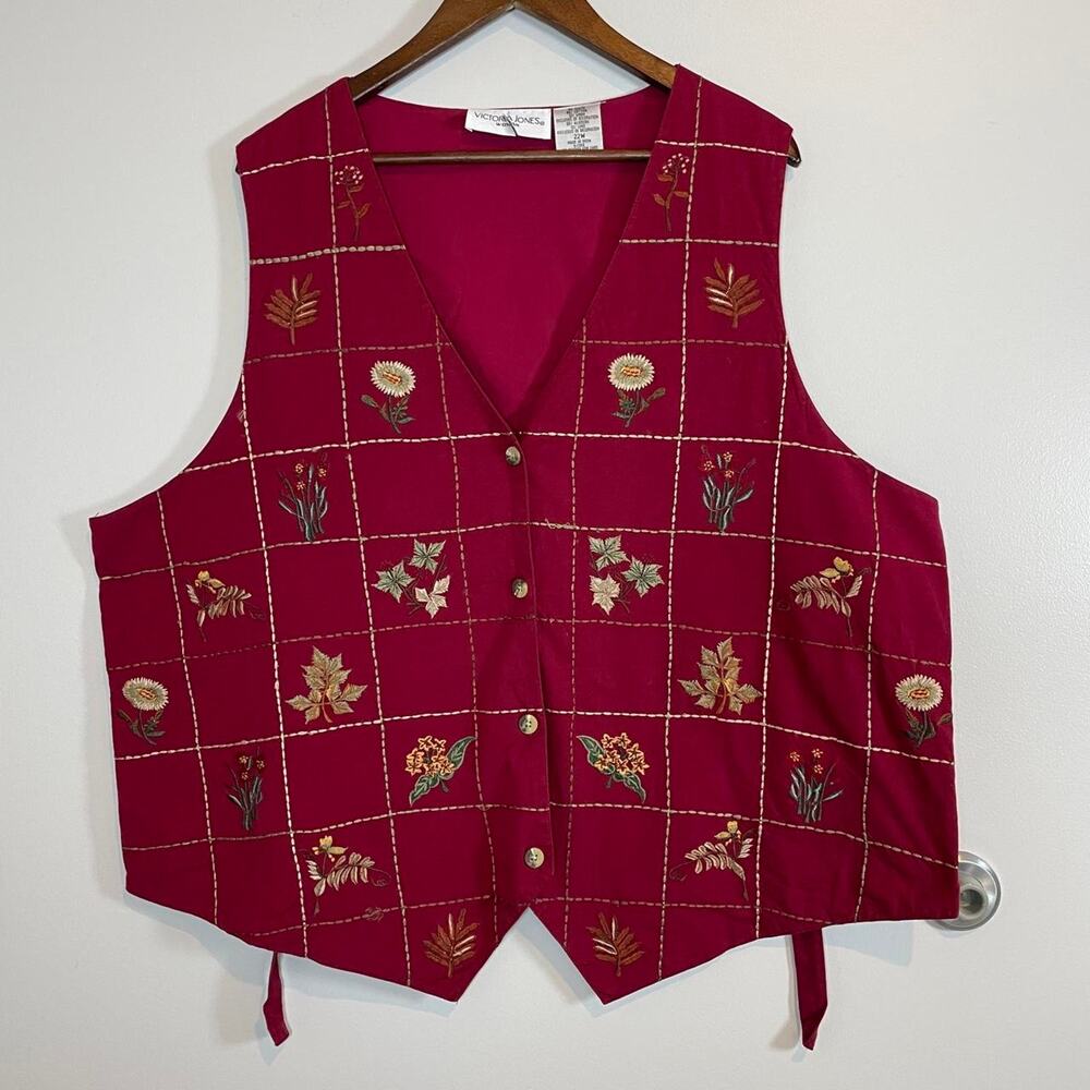 Plus Size 22W Cottage Core Cotton Linen Blend Embroidered Flowers Burgundy Vest